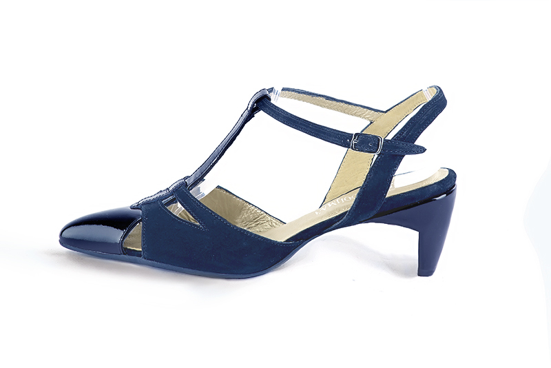 Navy blue women's open back T-strap shoes. Tapered toe. Medium comma heels. Profile view - Florence KOOIJMAN